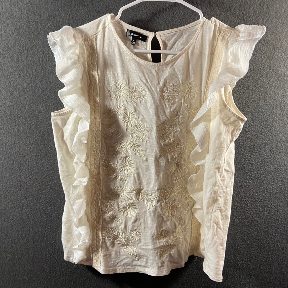 cotton top large ivory Embroidered Ruffle tank cottagecore boho coastal coquette